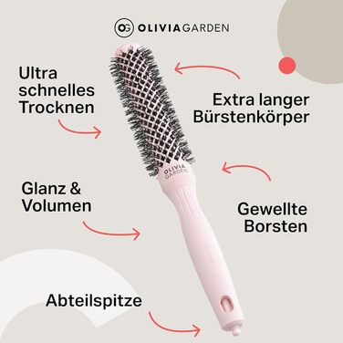 Кругла щітка Olivia Garden Expert Blowout Speed з керамічним покриттям, білий та сірий (25 мм, пастелевий рожевий)