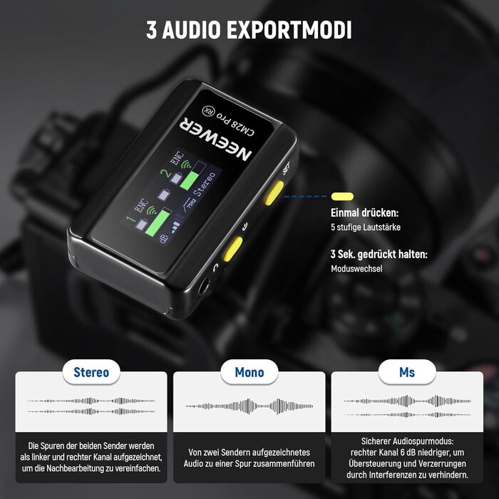 NEEWER CM28 Pro: Бездротове мікрофонний комплект (1RX+2TX) з кейсом для зарядки, 150м радіус дії, 48kHz/24Bit, шумозаглушення, сумісний з iPhone, iPad, Android, DJI, Insta360, PC, Mac