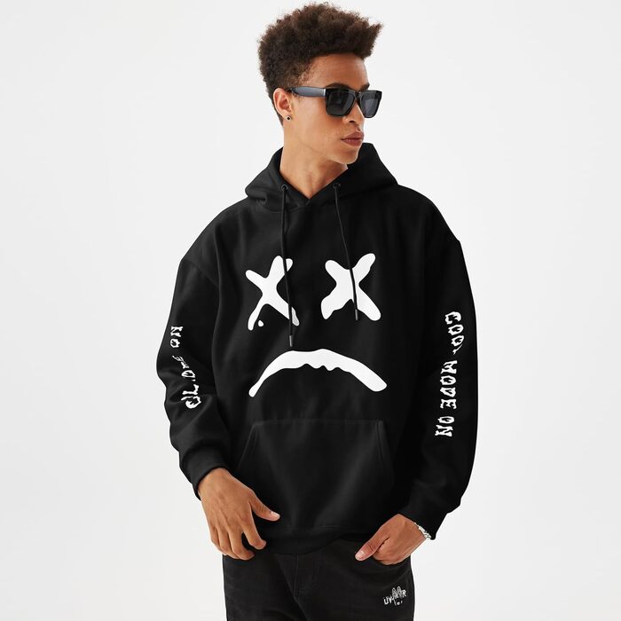 Худі для чоловіків: стильний пуловер з капюшоном у стилі хіп-хоп, чорний, розмір XL