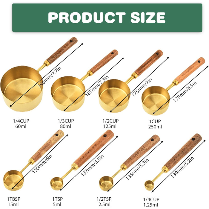 Набір мірних стаканів та ложок з нержавіючої сталі золотого кольору з дерев'яною ручкою, 8 шт. - для вимірювання сухих та рідких інгредієнтів (60мл - 250мл), для кухні та випічки