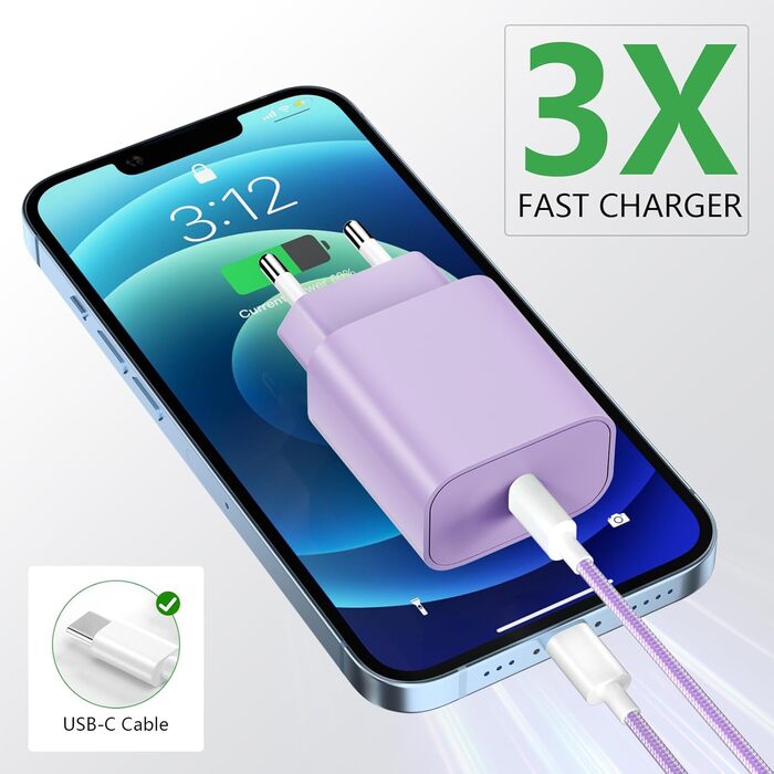 Зарядний пристрій USB-C 20W з кабелем Type-C 2м для iPhone 16/15/Pro/Air - комплект 2 шт. (Ліловий + Синій)