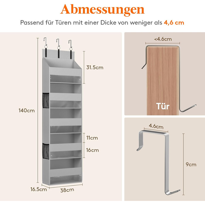 Органайзер для підвішування Lifewit Türorganizer з 5 полицями та 4 кишеньками, сірий, 20 кг