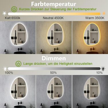 LED дзеркало для ванної кімнати з підсвічуванням, 70x50 см, холодне біле світло 6000K, енергозберігаюче, диммер, антизапар