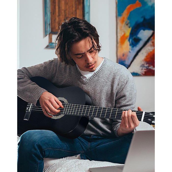 Класична гітара Winzz 4/4 для дорослих та дітей (від 11 років), набір для початківців - Чорний глянцевий (39 дюймів)