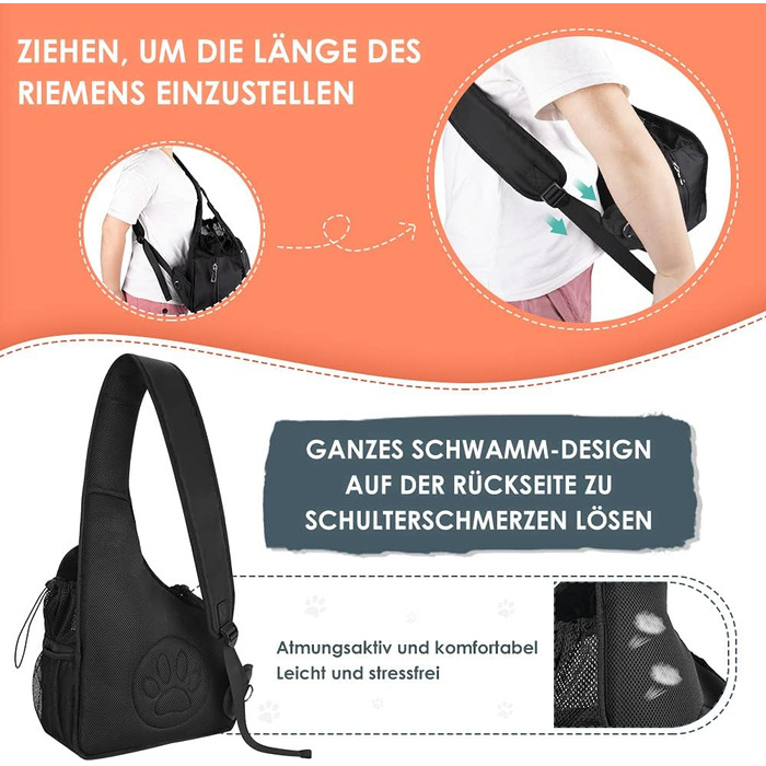Dog-friendly sling carriers, hands-free travel bag for small pets with adjustable straps, hardboard base, safety belt, for dogs up to 2.8kg, wider version (L (For pets under 5.5kg), Black)