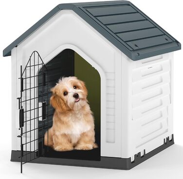 Будка для собак GOPLUS Outdoor, вологостійка з закривною решітчастою дверцятами та піднятим дном, вентиляційні отвори, похила дах, клітка для собак Indoor, будиночок для домашніх тварин для собак та котів (Сірий)