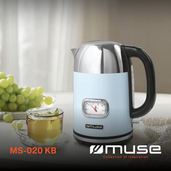 Електричний чайник зі нержавіючої сталі MUSE Retro з аналоговим термометром, фільтром, прозорою шкалою, об'ємом 1,7 л, автоматичним вимкненням, матовим золотим кольором (MS-030 BC), пастельно-блакитний колір