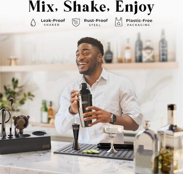 Bare Barrel Pro Cocktail Set - 14-Piece Boston Shaker Set with Stand & Recipe Cards - 24oz Cobbler Shaker