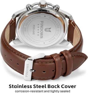 Чоловічий годинник PINDOWS: аналоговий хронограф з кварцовим механізмом, водонепроникний, для бізнесу та відпочинку. Чорний/коричневий ремінець з шкіри, золотий циферблат, сріблястий корпус.