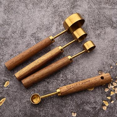 8-Piece Gold Measuring Cup and Spoon Set with Scale, BRIIEC Wooden Handle, Stainless Steel, Dry and Liquid Measuring Cups for Cooking, Baking