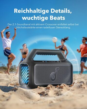 Soundcore Boom 2 - портативна Bluetooth колонка, 80W, сабвуфер, LED, IPX7, USB-C, EQ, BT 5.3, для кемпінгу, пляжу, саду, чорна