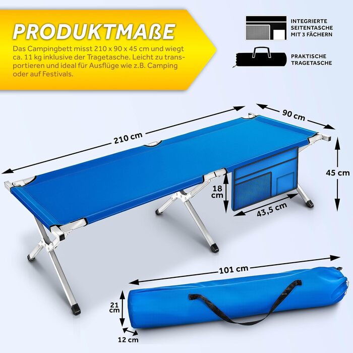 Кемпінгове ліжко TRESKO XXL, 190 x 64 x 44 см, металевий каркас, до 150 кг, блакитне