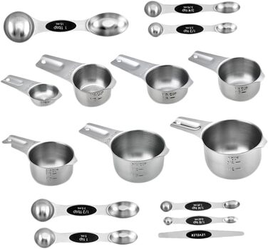 15-Piece Stainless Steel Measuring Cup and Spoon Set - Precise Measuring Tools for Baking, Nesting Design, Storage Pouch