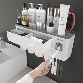 iHave Toothbrush Holder Wall Mounted, 4 Cup Toothbrush Holder with Toothpaste Dispenser - Tray with Large Capacity, 2 Cosmetic Drawers - Bathroom Organizer Storage, White