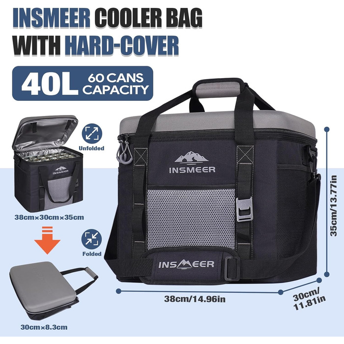 Термосумка INSMEER 40L сіра для кемпінгу, пікніка, пляжу - 60 банок