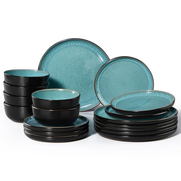 Набір посуду HaWare для 6 осіб, 18 предметів: тарілки, десертні тарілки, миски, стельова глазур, посуд для сервірування столу, блакитний колір, безпечний для мікрохвильовки та посудомийної машини