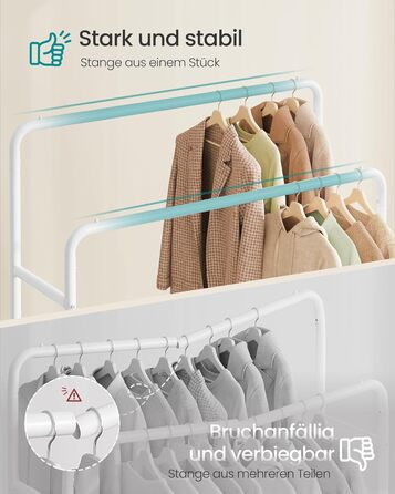 SONGMICS Вішалка для одягу на коліщатках, гардеробний стійка, білий матовий, 2 стійки, до 50 кг, 38 x 110 x 141,5 см, HSR016BH01