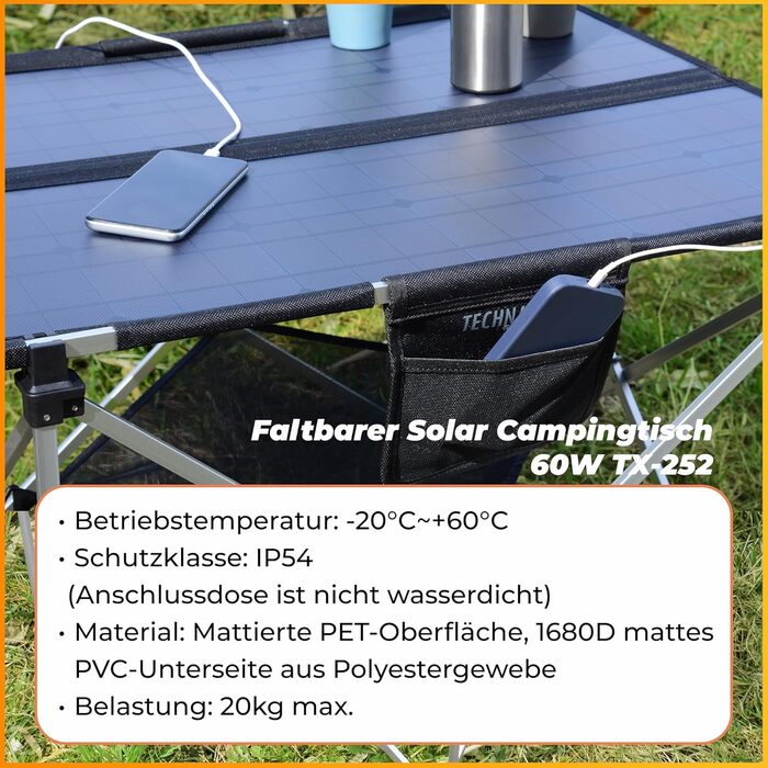 Сонячний кемпінговий стіл Technaxx TX-252 60W з USB зарядкою та сонячною панеллю