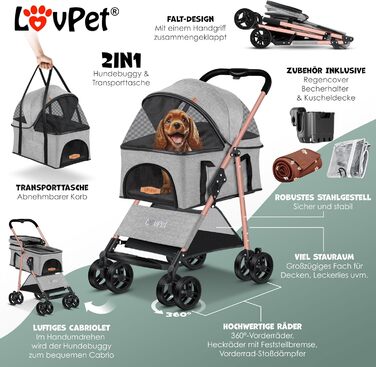 LOVPET® 2-in-1 Pet Stroller - Dog Buggy, Carrier & Jogger for Pets up to 20kg - Foldable, Grey