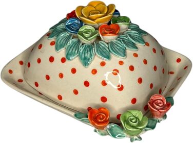 Ceramic Butter Dish with Lid, Colorful, Hand-Painted (Polka Dot Roses)