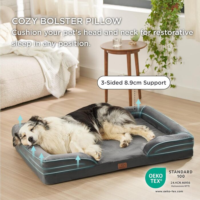 Ортопедичне ліжко для собак BEDSURE - 89x63 см. Зручне диван-лежанка для середніх собак, з піною у формі яйця, миється, не слизьке. Розміри: 106x80x17 см, темно-сірий колір