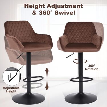 Ralex Adjustable Swivel Bar Stools 2-Pack - Velvet Upholstered Counter Height Stools with Backrest & Armrests for Kitchen, Bar & Countertops (Brown)