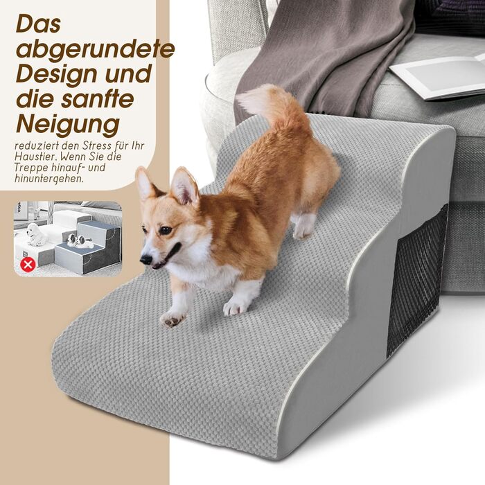 3-Step Dog Stairs, Non-Slip Pet Stairs for Small Dogs, Washable Dog Stairs 40cm High, Portable Dog Ramp Cat Stairs with Washable Cover for Sofa Bed