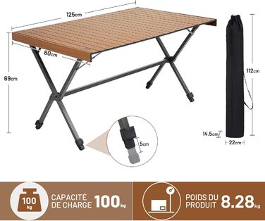 Складний кемпінговий стіл Timber Ridge 125x80 см, регульована висота, для 6 осіб, для пікніка, саду, походу, подорожей