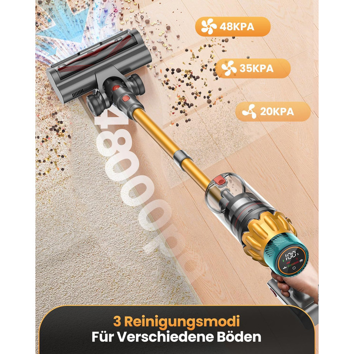 Акумуляторний пилосос SICBCGB 48000Pa/550W/70 хвилин, 2.0L з HD-дисплеєм, антизаплутана щітка, док-станція, самостійна підставка, 11-шарова фільтрація для шерсті тварин та авто, золотий колір