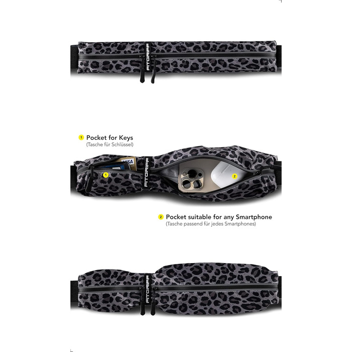 Пояс для бігу Fitgriff® з кишенею для телефону - спортивний пояс, сумка на пояс для джогінгу, бігу, фітнесу. Підходить для смартфонів M-L (85–120 см обхват талії). Колір: леопард