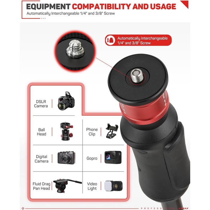 Монопод IFOOTAGE 3-в-1 з алюмінію: монопод, штатив, телескопічний стійка для фото та відео, 180 см, сумісний з DSLR та відеокамерами