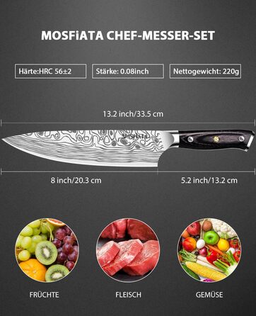 MOSFiATA Кухонний ніж для м'яса 20см з нержавіючої сталі EN.4116, професійний, з захистом пальця та точилкою в подарунковій коробці