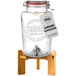 Скляний диспенсер для напоїв Smith's Mason Jars 5 л з нержавіючим краном, фільтром і дерев'яною підставкою — ідеально для лимонаду, води, коктейлів