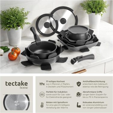 Набір посуду Tectake 17 предметів з антипригарним покриттям для індукційних плит: каструлі, сковороди та кришки