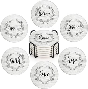 Britimes Drink Coasters, Set of 6, White Marble, Inspiring Love, Absorbent, Round, Ceramic Stone Mat, with Cork Base and Metal Holder, Gift for Housewarming, Bar, Decor (Retro 5)