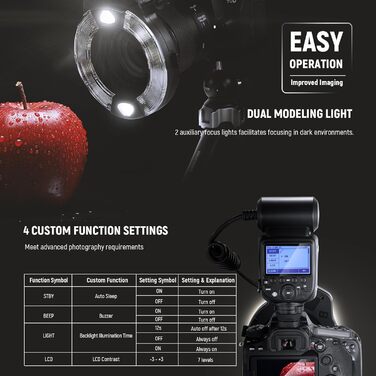 NEEWER RF1-S: Кольцевий спалах для Sony, Canon - 76W, GN15, 5600K, TTL, для макрозйомки та студійного освітлення