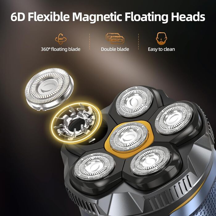 Електрична бритва для гоління голови Glatzen 6D, чоловіча, 2 режими, магнітна, IPX7 водонепроникна, Type-C, для сухого та вологого гоління 0.0 мм