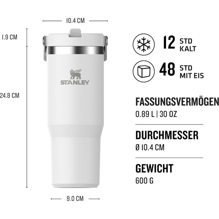 Stanley Flip Straw Tumbler 1.0 Drinking Bottle with Straw 0.89L - Thermos Bottle Keeps Drinks Cold for 12+ Hours - Dishwasher Safe - Sports Bottle - Water Bottle BPA Free - Frost