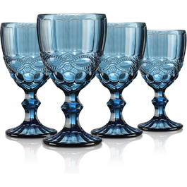 Joeyan Blau Vintage Wine Glasses with Embossed Design, Colored Relief Red Wine Glasses White Wine Glasses, Drinking Glasses, Goblet Glasses, Wine Goblet for Wine Juice Drinks, 300 ml, Set of 4, Dishwasher Safe