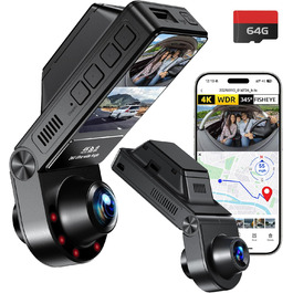 Відеореєстратор E-YEEGER Dashcam Auto 345° Panorama 4K+2.5K з GPS, WiFi, HDR, Нічне бачення, Паркувальний режим, Loop-запис, SD-карта 64GB