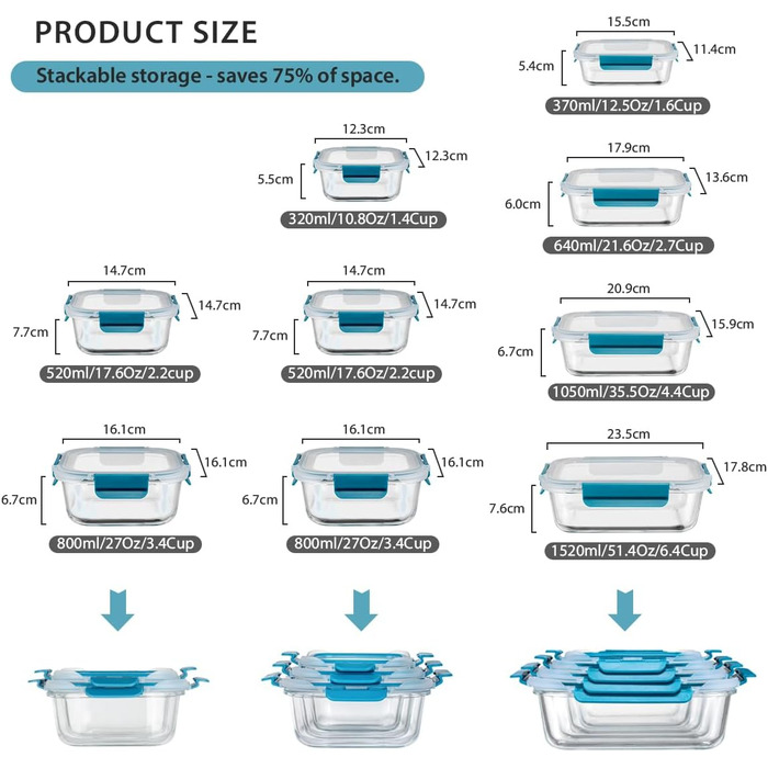 Набір контейнерів для зберігання їжі з боросилікатного скла з кришкою, BPA-free, герметичні, для мікрохвильової печі, духовка, посудомийна машина – контейнери для Meal Prep для кухні, офісу SA178-18PC
