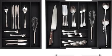 Relaxdays Cutlery Box Extendable, Bamboo, HBT 6.5 x 35-58 x 43.5 cm, 6-8 Compartments, Cutlery Insert for Drawer, black