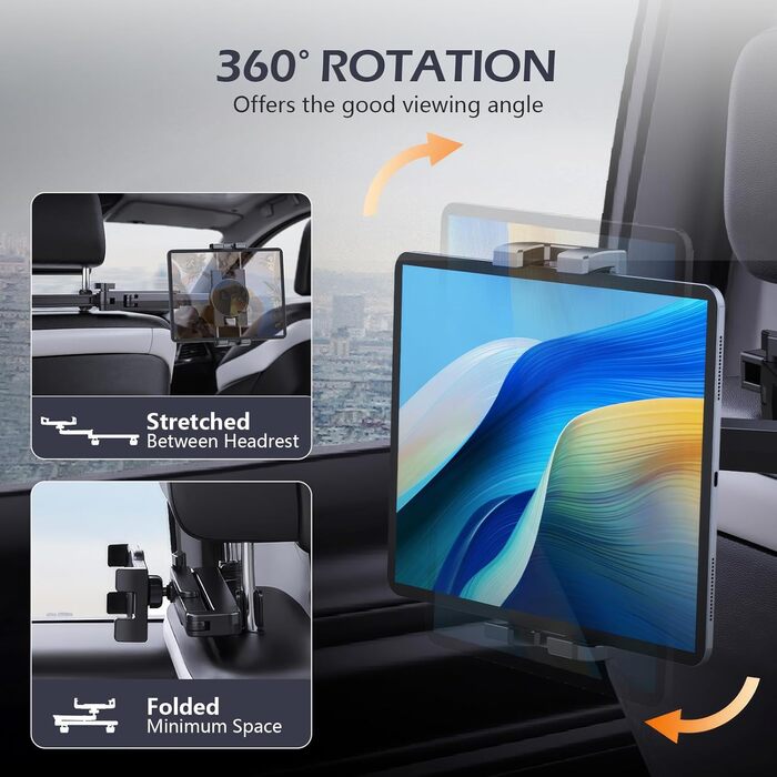 Тримач для планшета Romon у автомобіль, кріплення до підголівника, універсальний, 360° обертання, для смартфонів та планшетів 4.7-13'