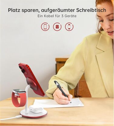 3-в-1 Бездротова Зарядка для Багатьох Пристроїв: iPhone, iWatch, AirPods, 15W, MagSafe, Колір: Маджента