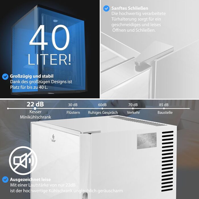 Міні-холодильник KESSER® 40L з дверцятами з прозорим склом - ідеальний для дому, офісу, кемпінгу. Безшумний, з підсвіткою та відкривачем для пляшок.