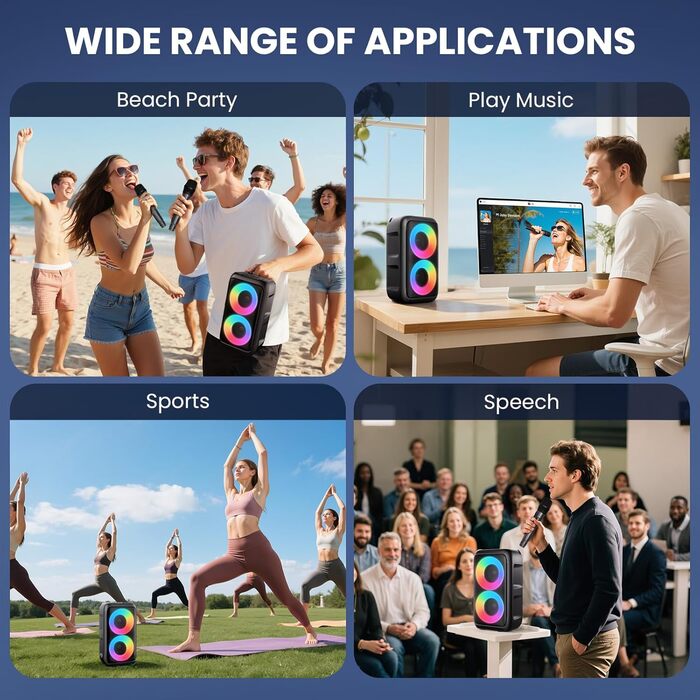 Караоке машина з 2 мікрофонами, портативна Bluetooth колонка з LED-підсвіткою, чорна