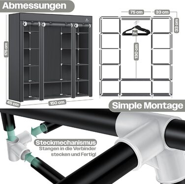 KESSER® Wardrobe Fabric Closet, Stable with Clothes Rail & Shelves, Incl. 5x Clothes Hangers, Fabric Folding Closet for Bedroom, Dressing Room Wardrobe with Clothes Rack 150x45x175cm Anthracite