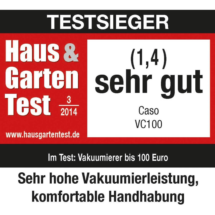 CASO VC100 - вакуумний пакувальник, тестування Haus & Garten Test, продукти зберігаються до 8 разів довше, подвійна 30 см зварювальна швейна лінія