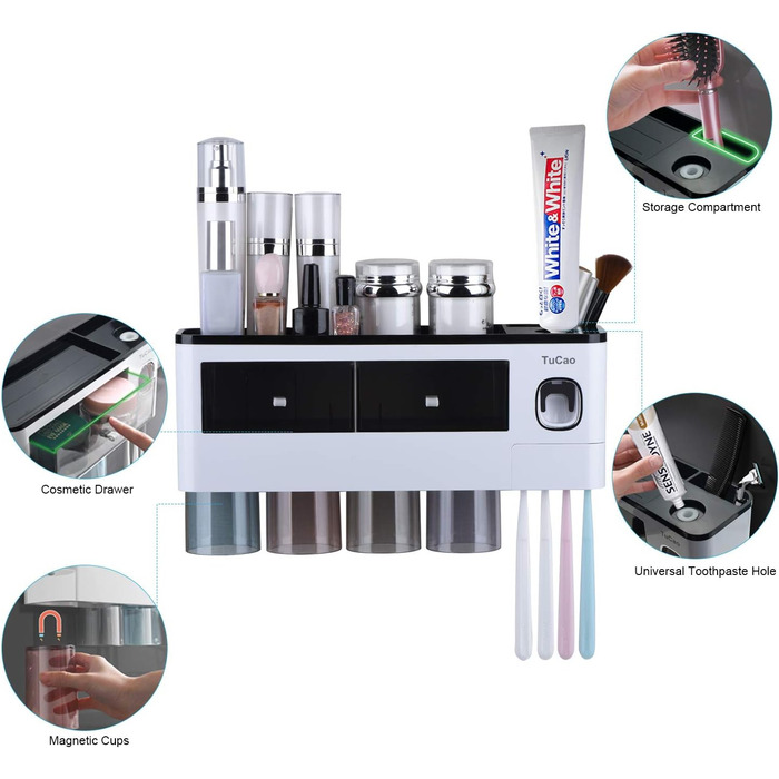 Automatic Toothpaste Dispenser with Space-Saving Toothbrush Holder for Bathroom, 4 Transparent Magnetic Cups, 7 Toothbrush Slots, 1 Cosmetic Organizer Drawer (4 Cups)