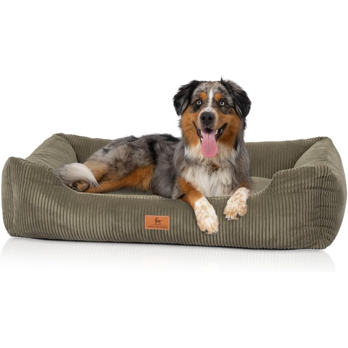 Knuffelwuff Dog Bed in Corduroy with Hand-Woven Character Olivia XL 105 x 75cm Khaki - Removable Cover - Washable - for Large, Medium and Small Dogs